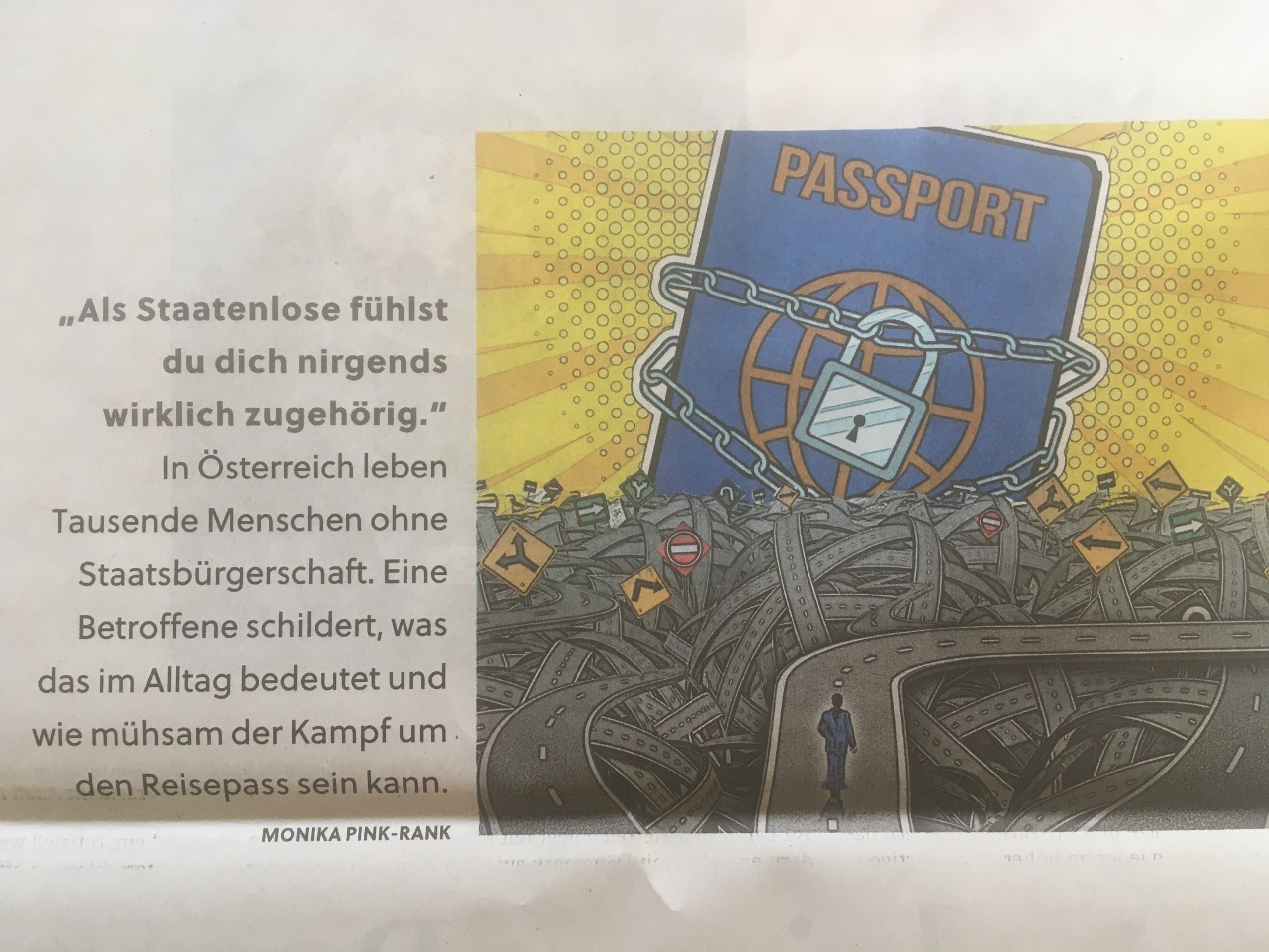 Abbildung des SN-Artikels. Man kann eine Illustration mit einem in Ketten gelegten Reisepass sehen. Und die Headline: 